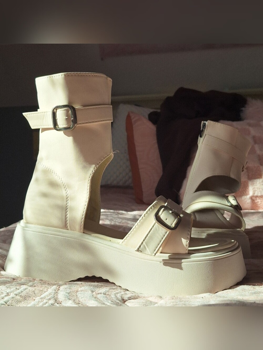 Womens Cream Buckle Platform Sandals